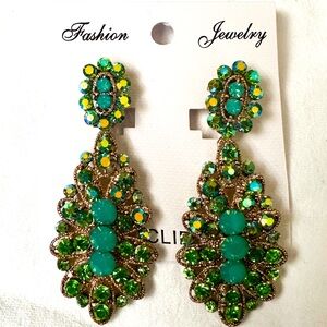 Green rhinestones chandelier clip on earrings